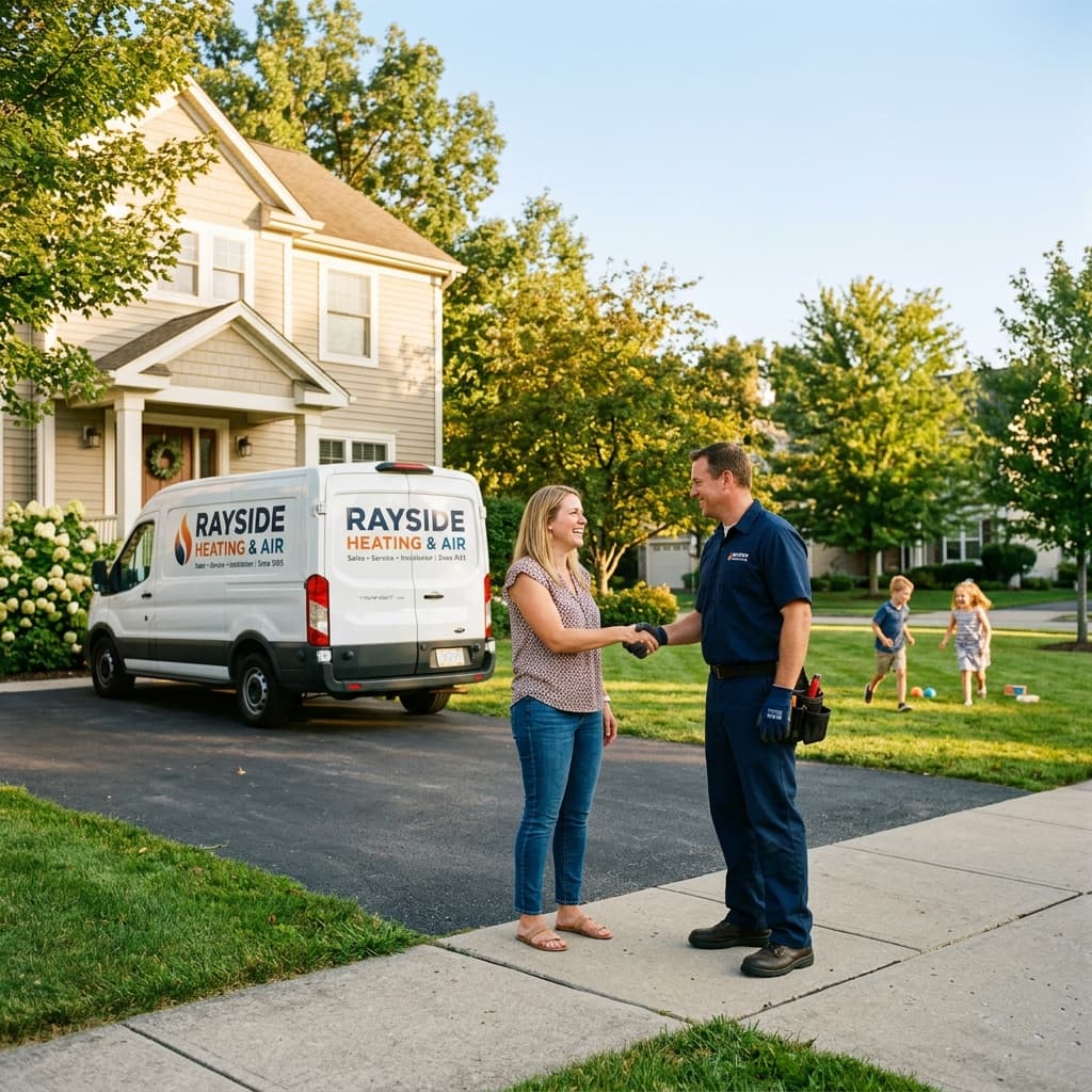 Happy homeowner shaking hands with Rayside technician