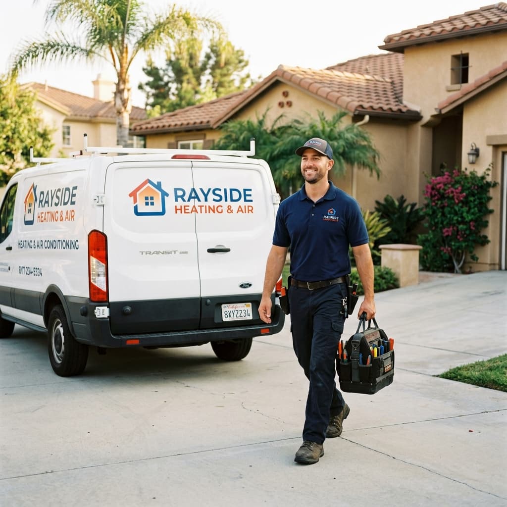 Certified Rayside technician carrying tools next to service van