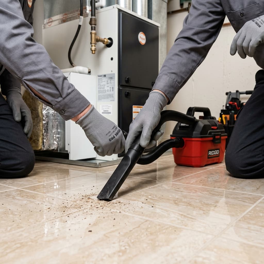 Technician vacuuming and cleaning up dust around a furnace installation area